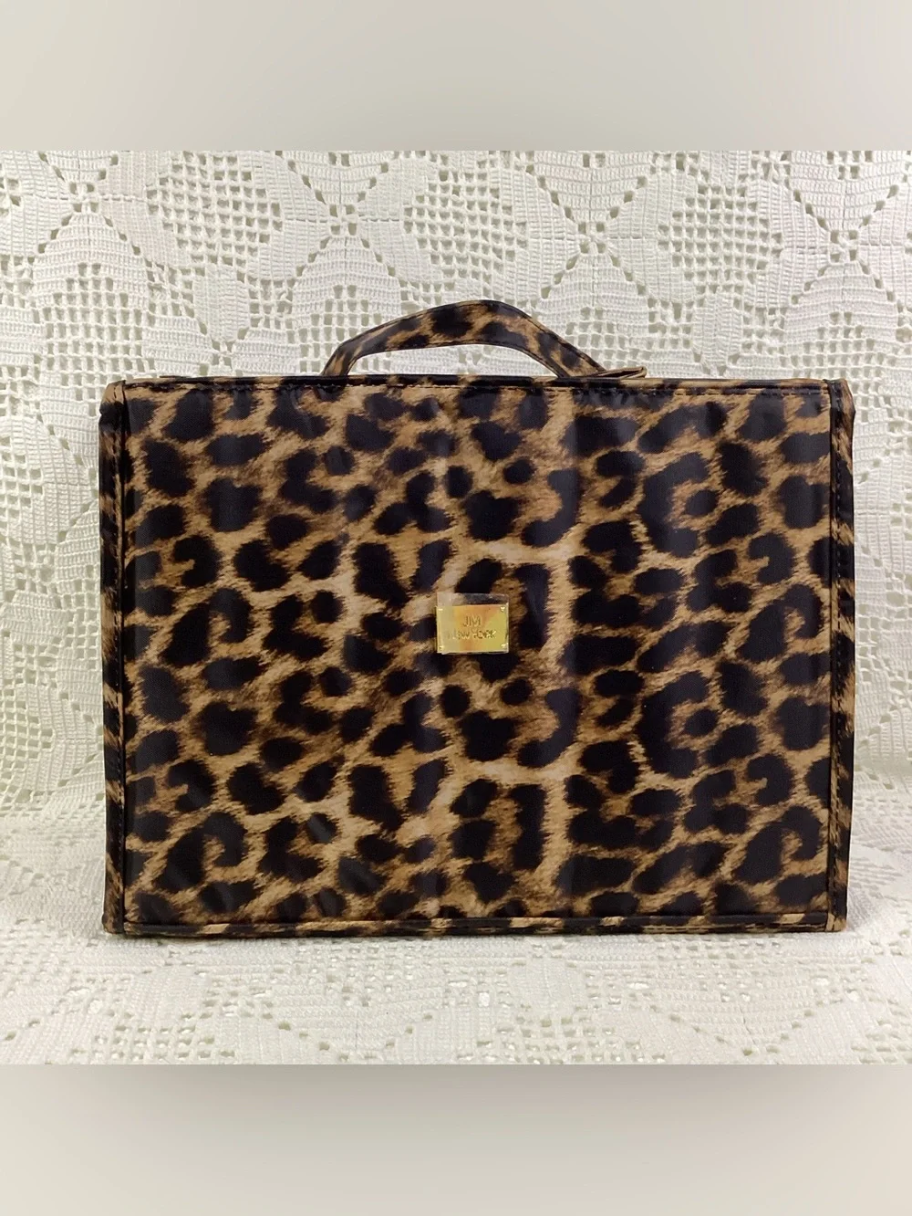Joy Mangano Leopard Print Cosmetic Train Case with Gold Plaque Extra Large